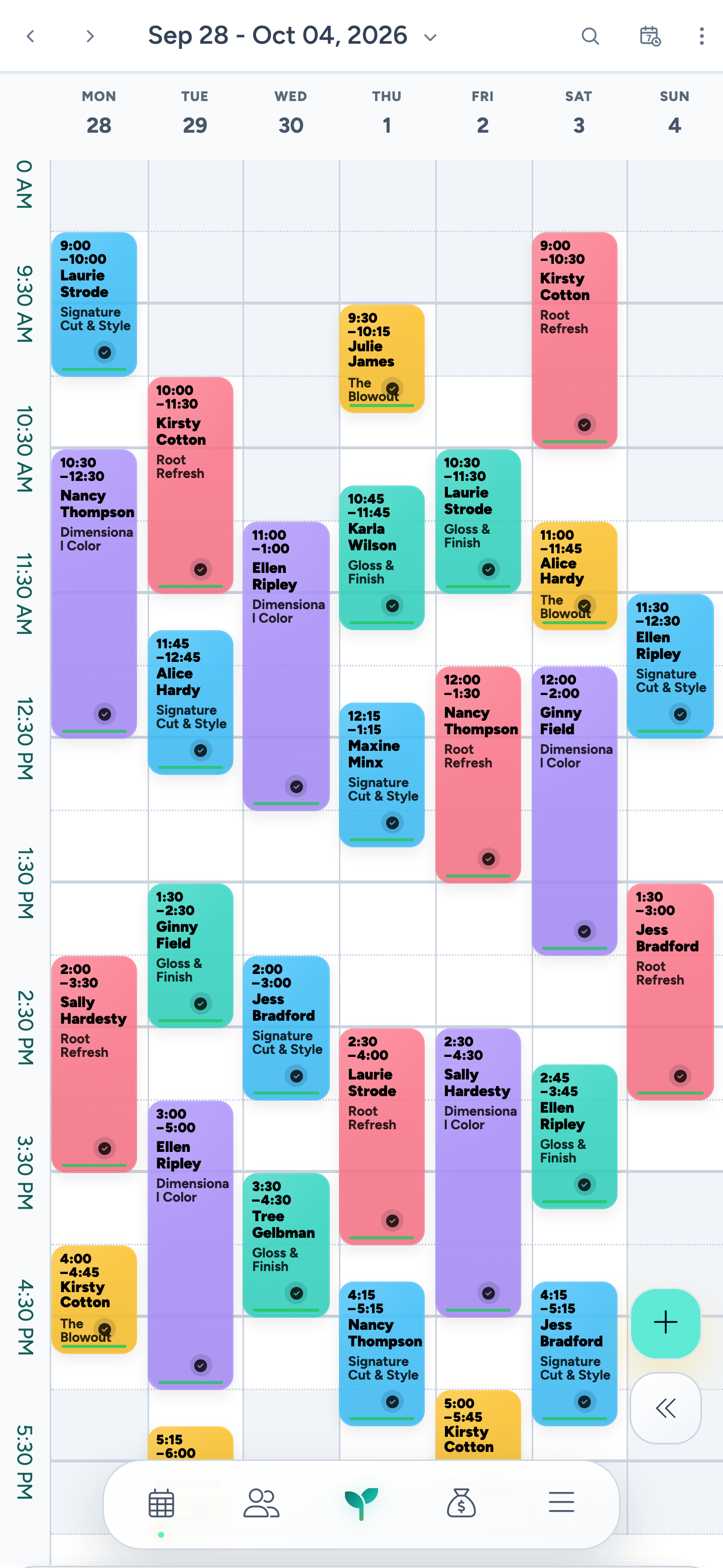 Comb’s mobile weekly calendar, September 28–October 4, with 28 fictional appointments, staggered starts, lunch breaks, and a lighter Sunday.