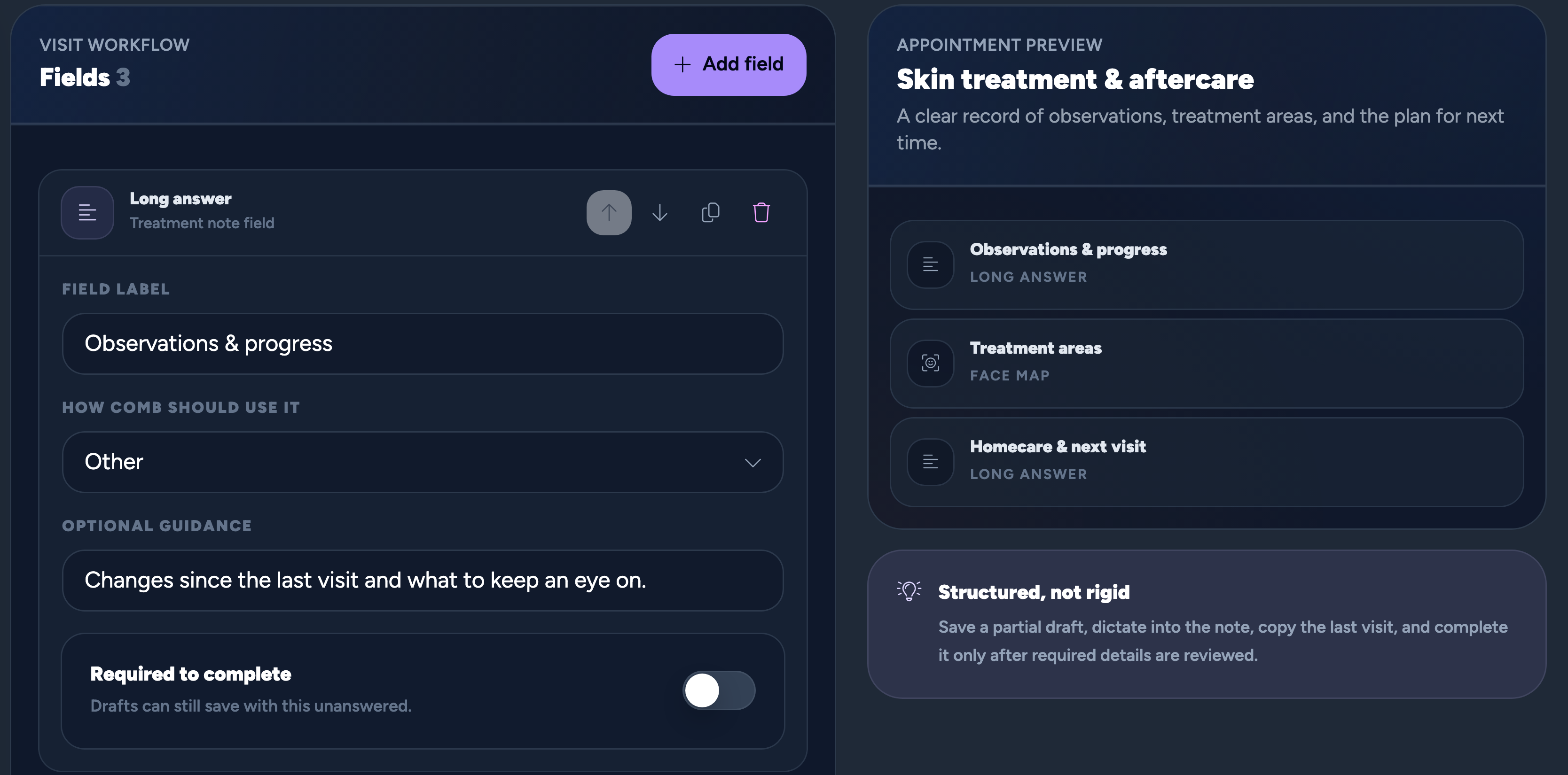 Comb’s actual dark-mode template builder: editing Observations & progress alongside a preview of the three-field Skin treatment & aftercare template.