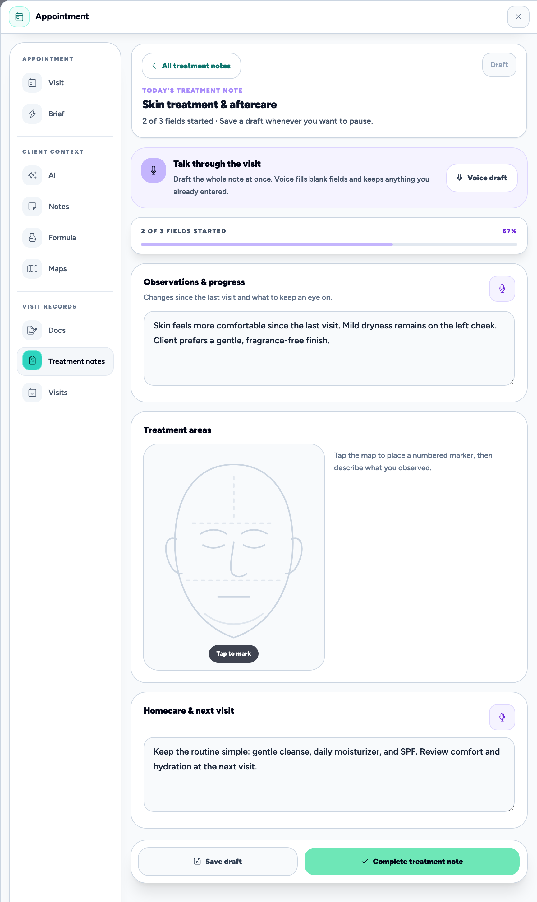 The same Skin treatment & aftercare template in a real appointment, showing the treatment-note navigation, voice drafting, and filled-in fictional observations.