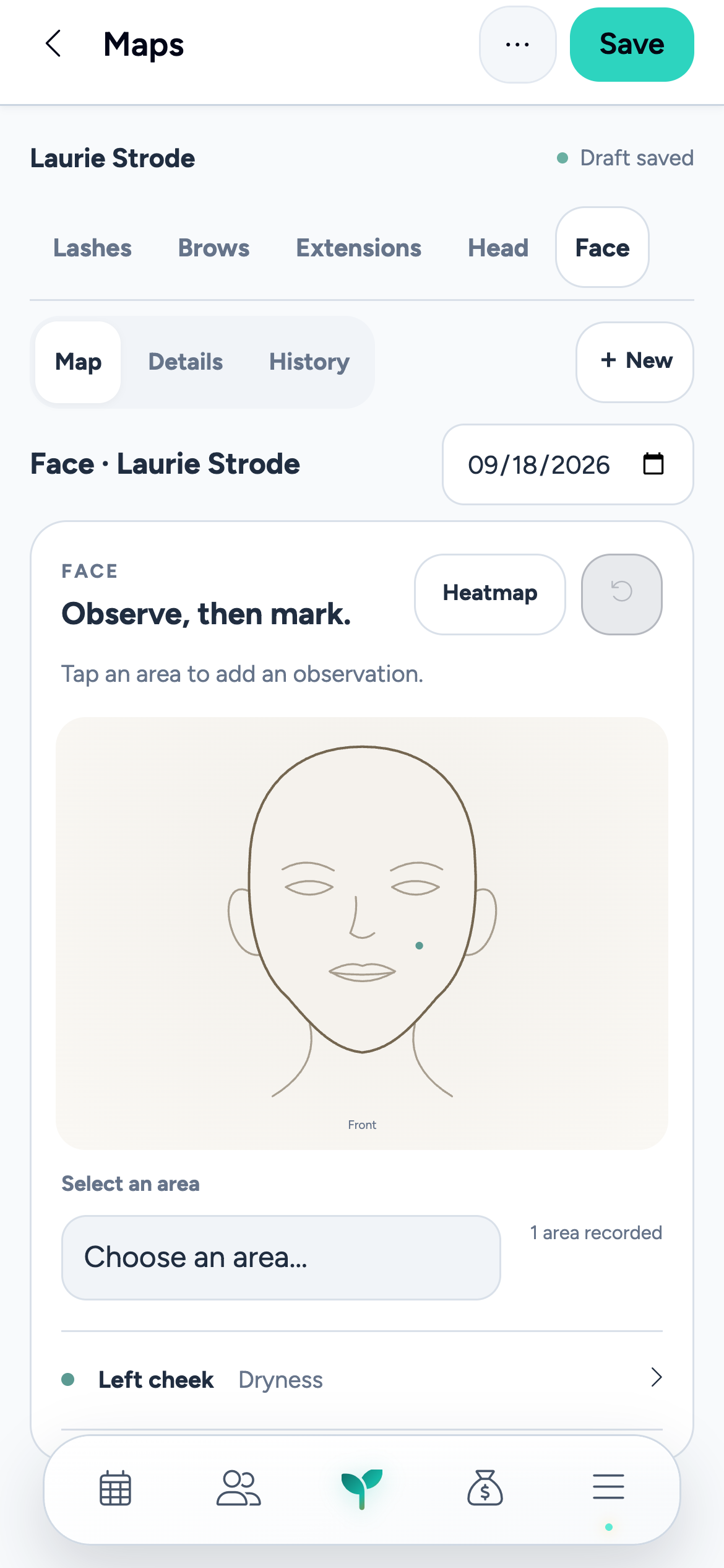 Comb’s real face map in light mode on a phone, with a fictional left-cheek observation for Laurie Strode.