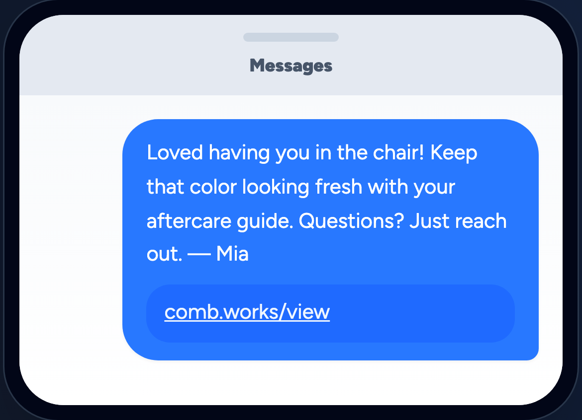 Comb’s actual SMS preview with a friendly fictional color-aftercare message from Mia and a link to the client instruction page.