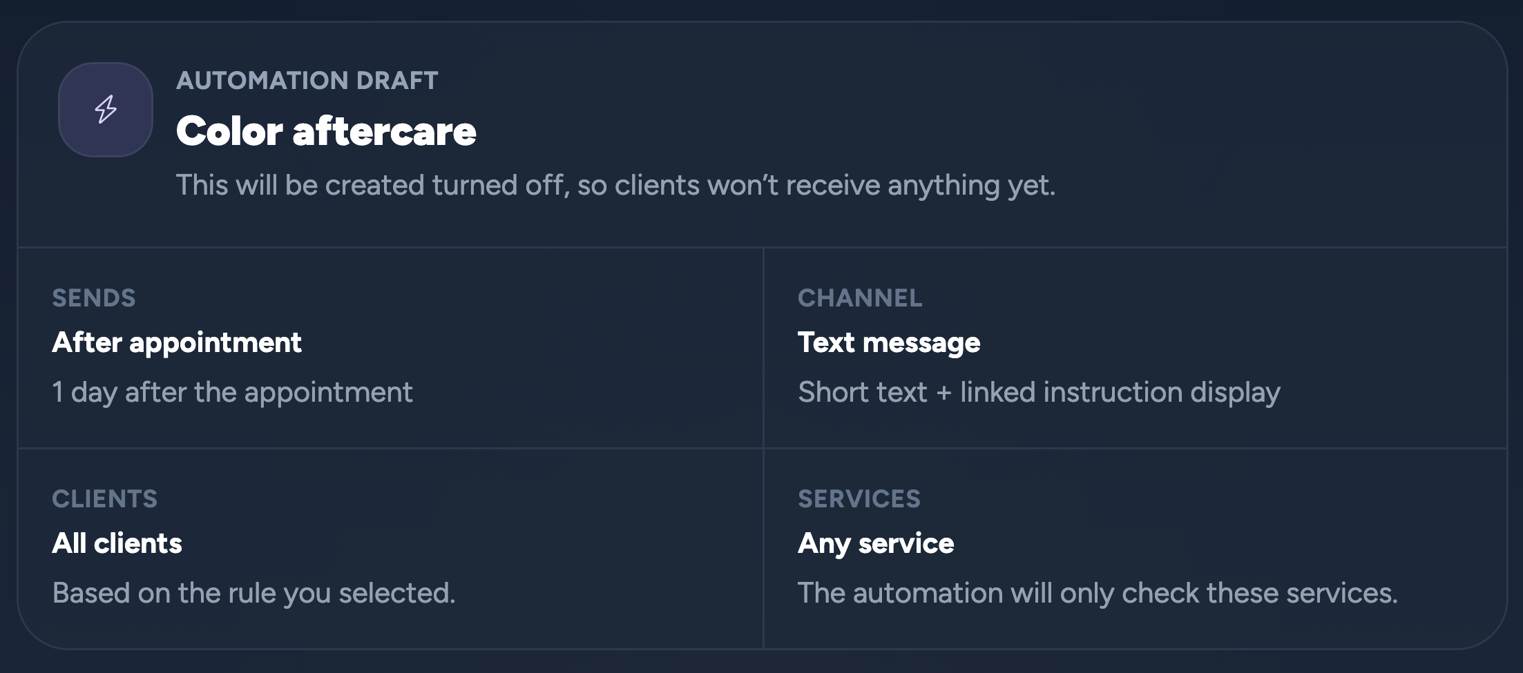 Real Color aftercare automation draft: text message, one day after the appointment, with client and service targeting.