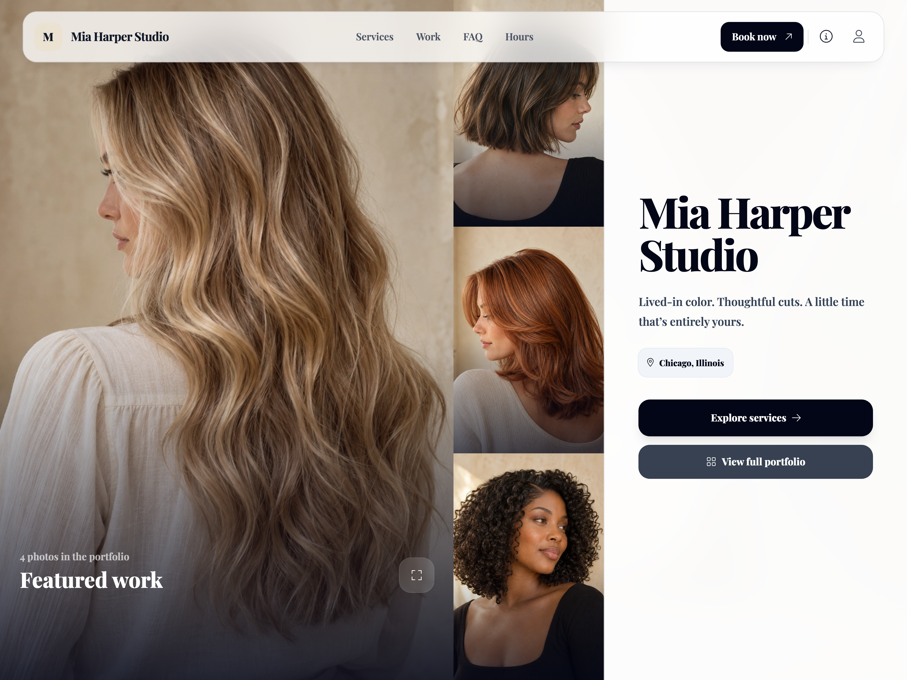 Comb’s image-focused booking layout on a tablet, with Gallery navigation and four coordinated fictional hair portfolio photos.