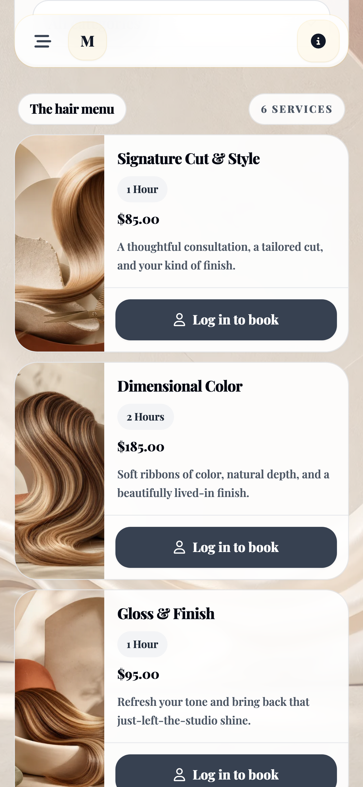 Mia Harper Studio’s mobile service menu, with Sage-created abstract hair imagery, service descriptions, durations, and prices.