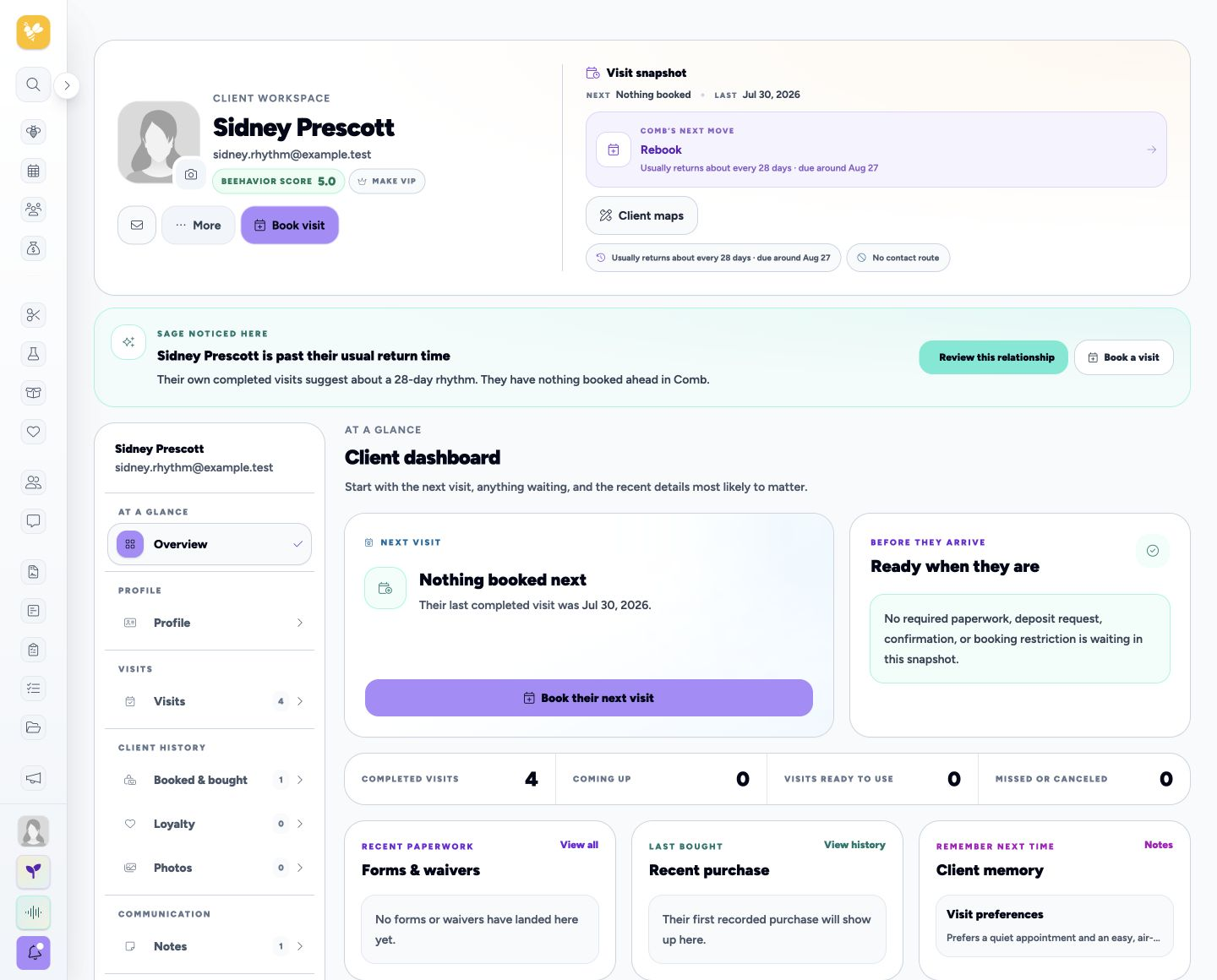 Sidney Prescott’s light-mode client overview showing her visit snapshot and Sage noticing she is past her usual return time.