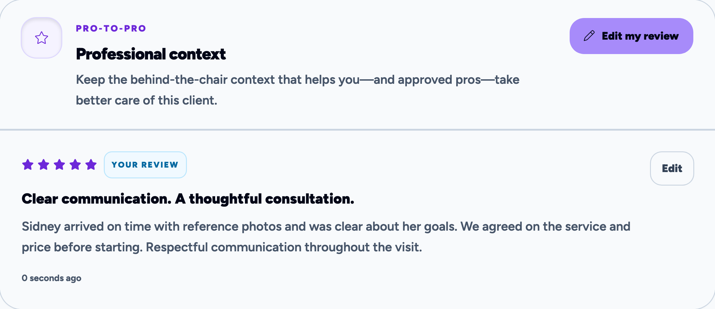A five-star sample professional review describing Sidney Prescott’s clear communication, reference photos, and respectful visit.