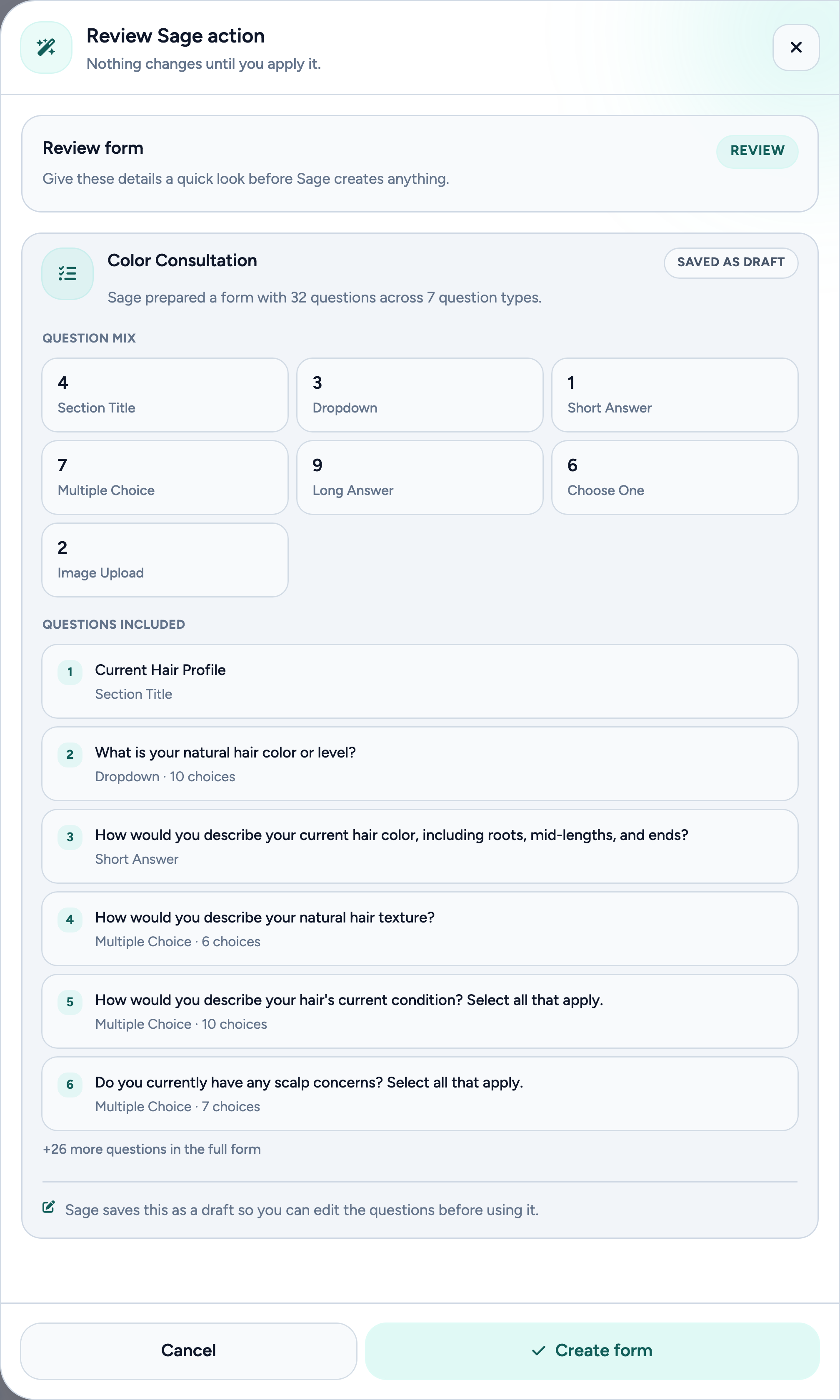 Sage’s actual light-mode review panel with a prepared Color Consultation form, question types, preview questions, and the Create form approval button.