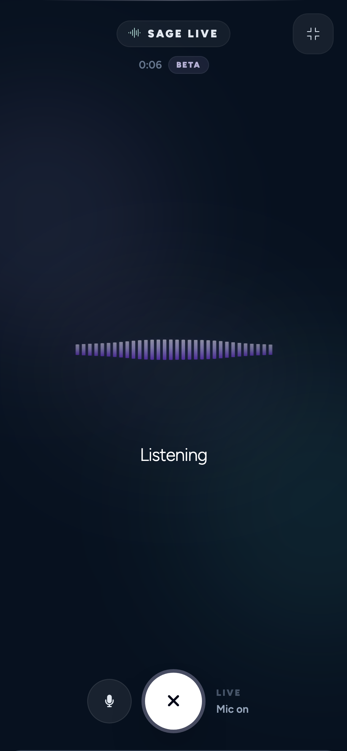 Sage Live on a phone, showing its listening waveform, mute control, and end-session button. Sage Live is in beta.